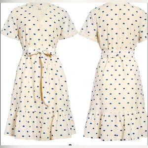 Caslon Clipdot Blue and Cream Ruffled Cotton Linen Dress